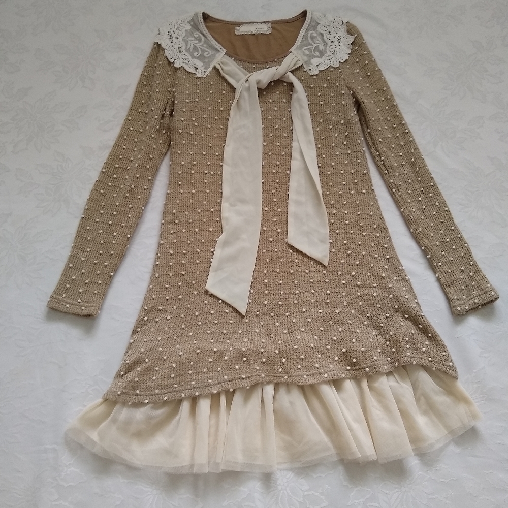 A'reve Anthropologie Lace collar with ties knit dotted Tulle Hem Long Sleeves